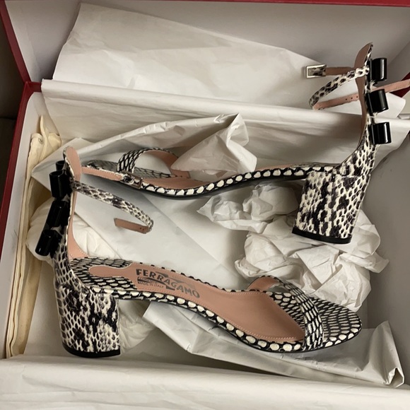 Ferragamo Connie Snake Block Heel Sandals - Picture 2 of 6